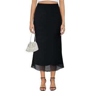 Women's Mesh Midi Skirt Elastic High Waisted Black